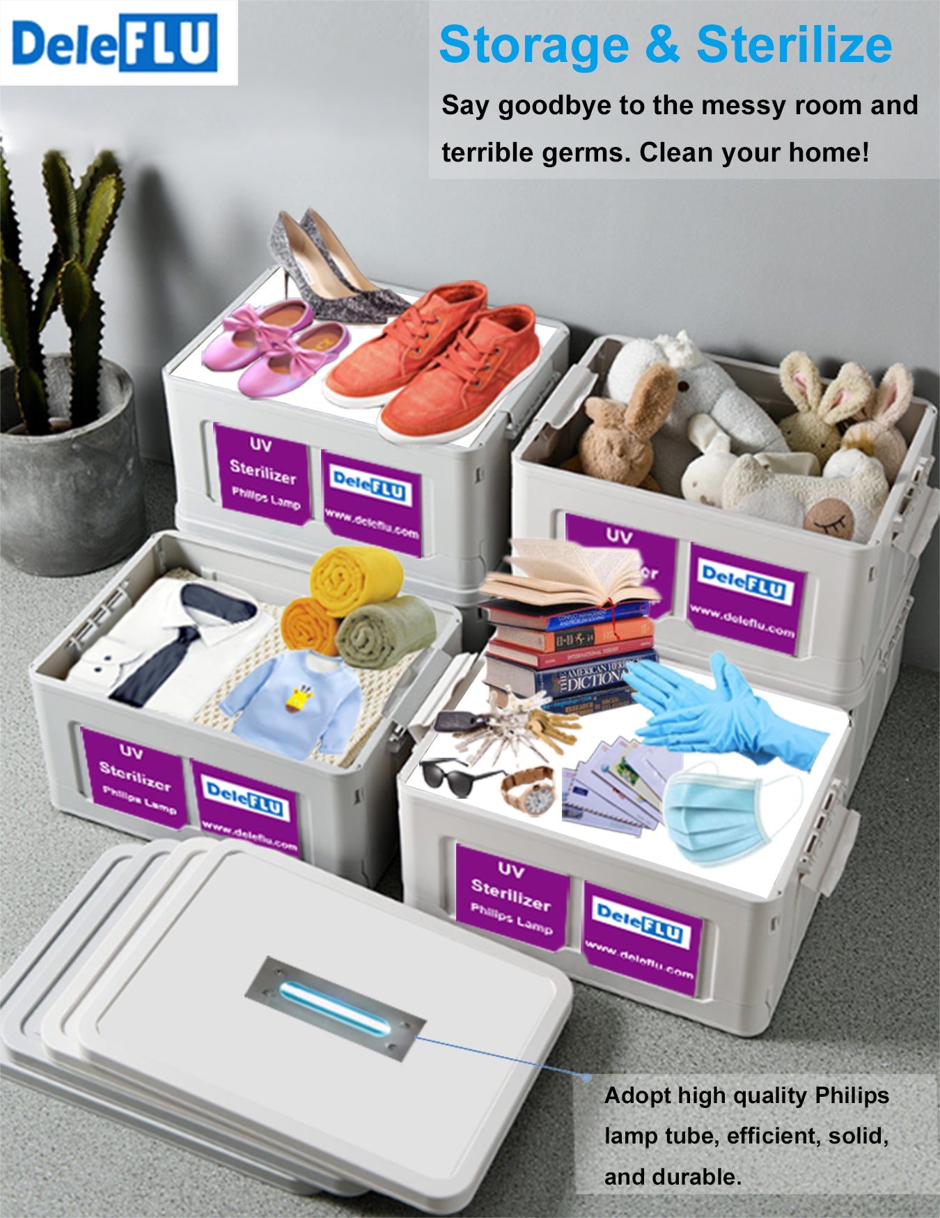DeleFLU Widely-Use UV Light Sanitizer Box Large UV Cleaner Bag Stackable UV Disinfection Cabinet UV Cell Phone Sanitizer for Keyboards, Keys and Phone, Salon Tools, Ipad, with Philips Lamp Tube