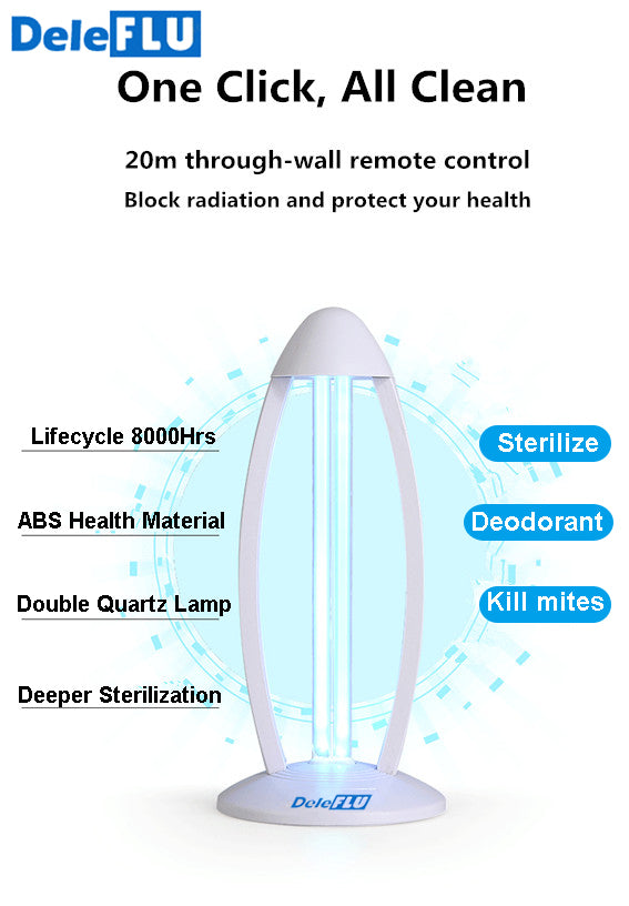Deleflu UV Light Sterilization Lamp with Ozone for Odor Room Air Purification (Remote Control Included) 99.99% Sterilization Rate Premium 38W 110V